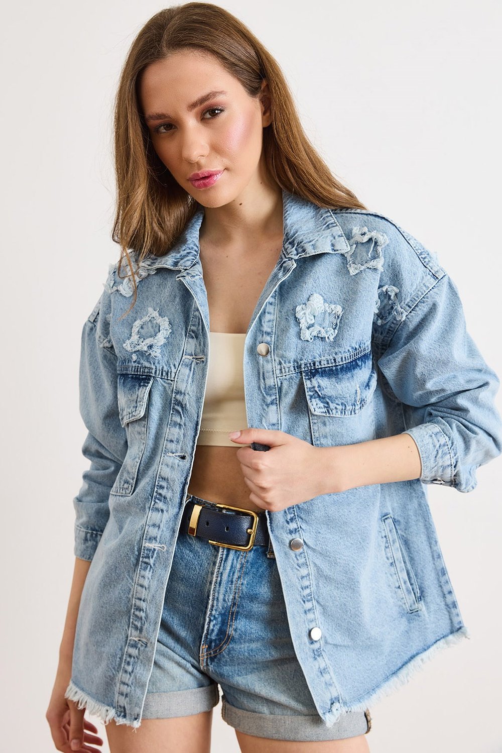 4 Cepli Yıldız Yama Detaylı Yıkanmış Denim Ceket Açık Mavi