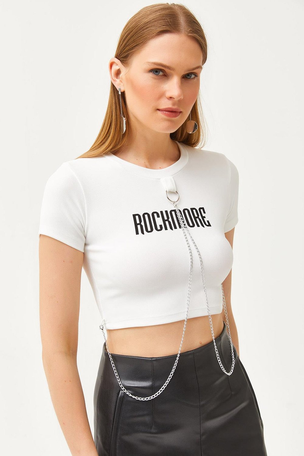 Aksesuarlı Ottoman Crop Bluz Beyaz