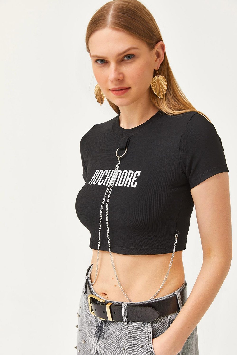 Aksesuarlı Ottoman Crop Bluz Siyah