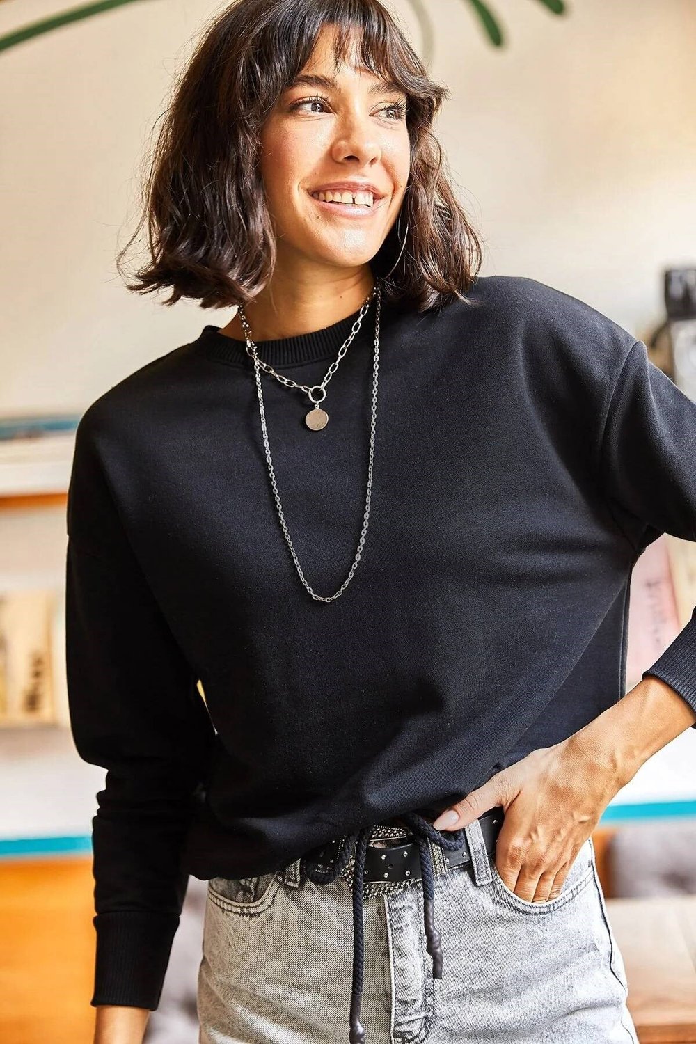 Altı Bağlamalı Oversize 3 iplik Sweatshirt Siyah