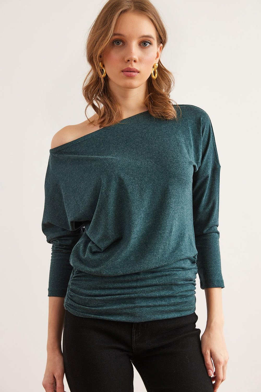 Altı Drape Detaylı Yün Viskon Bluz Zümrüt Yeşili