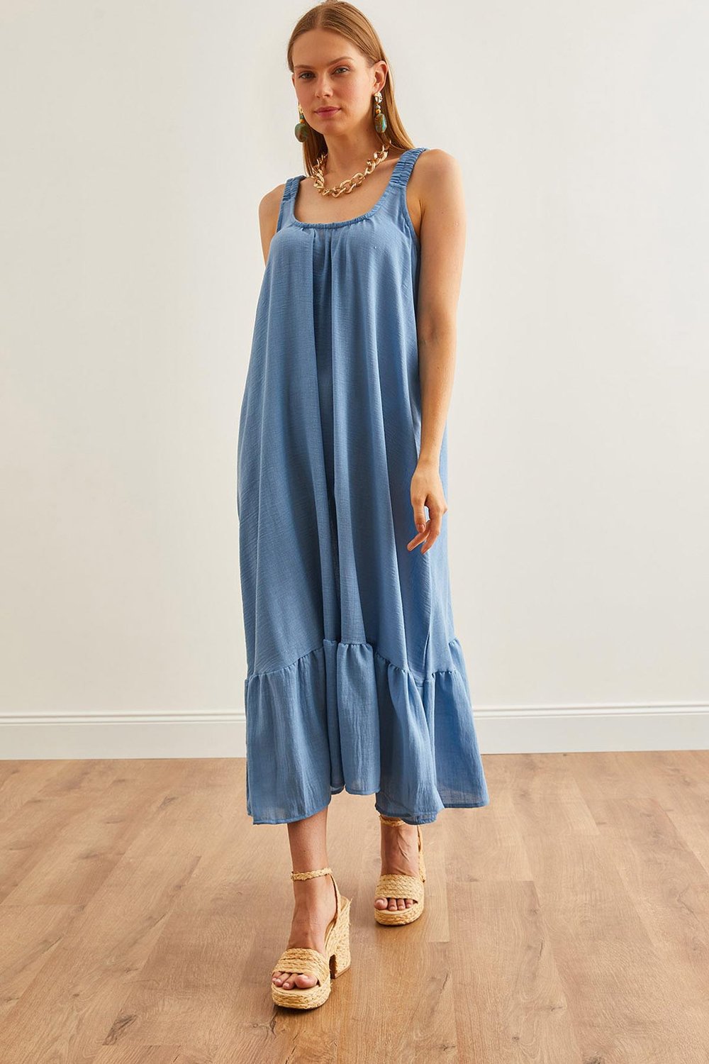 Askılı Oversize Maxi Dokuma Elbise Mavi