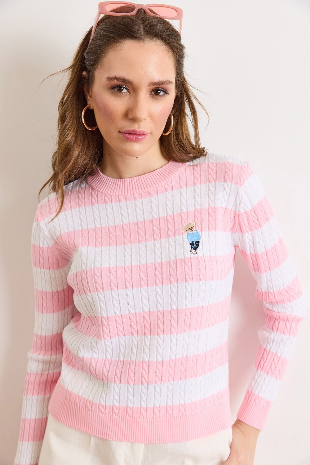 Ayıcık Nakışlı Çizgili Triko Bluz Şeker Pembe