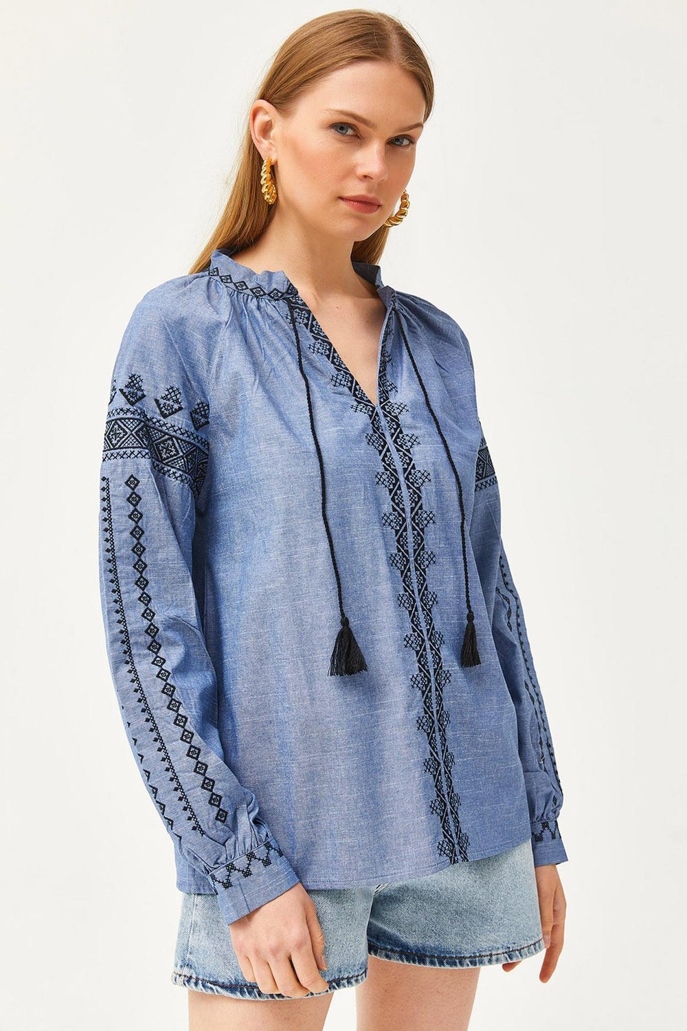 Bağcıklı Nakışlı Denim Görünümlü Salaş Bluz Mavi