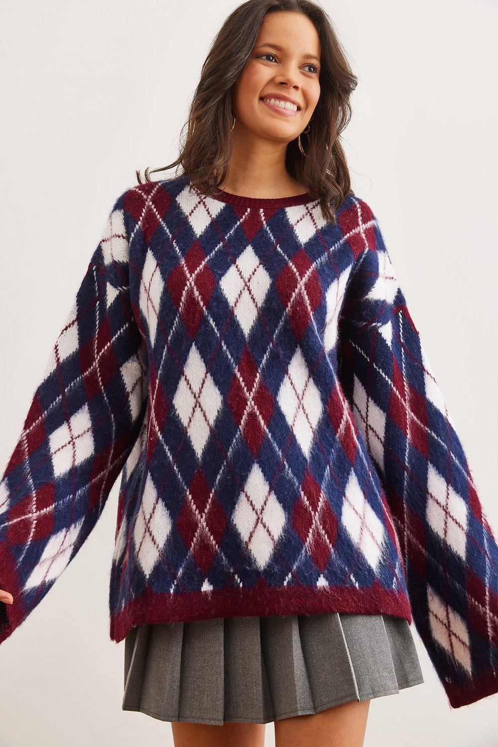 Baklava Desenli Şardonlu Oversize Triko Kazak Bordo