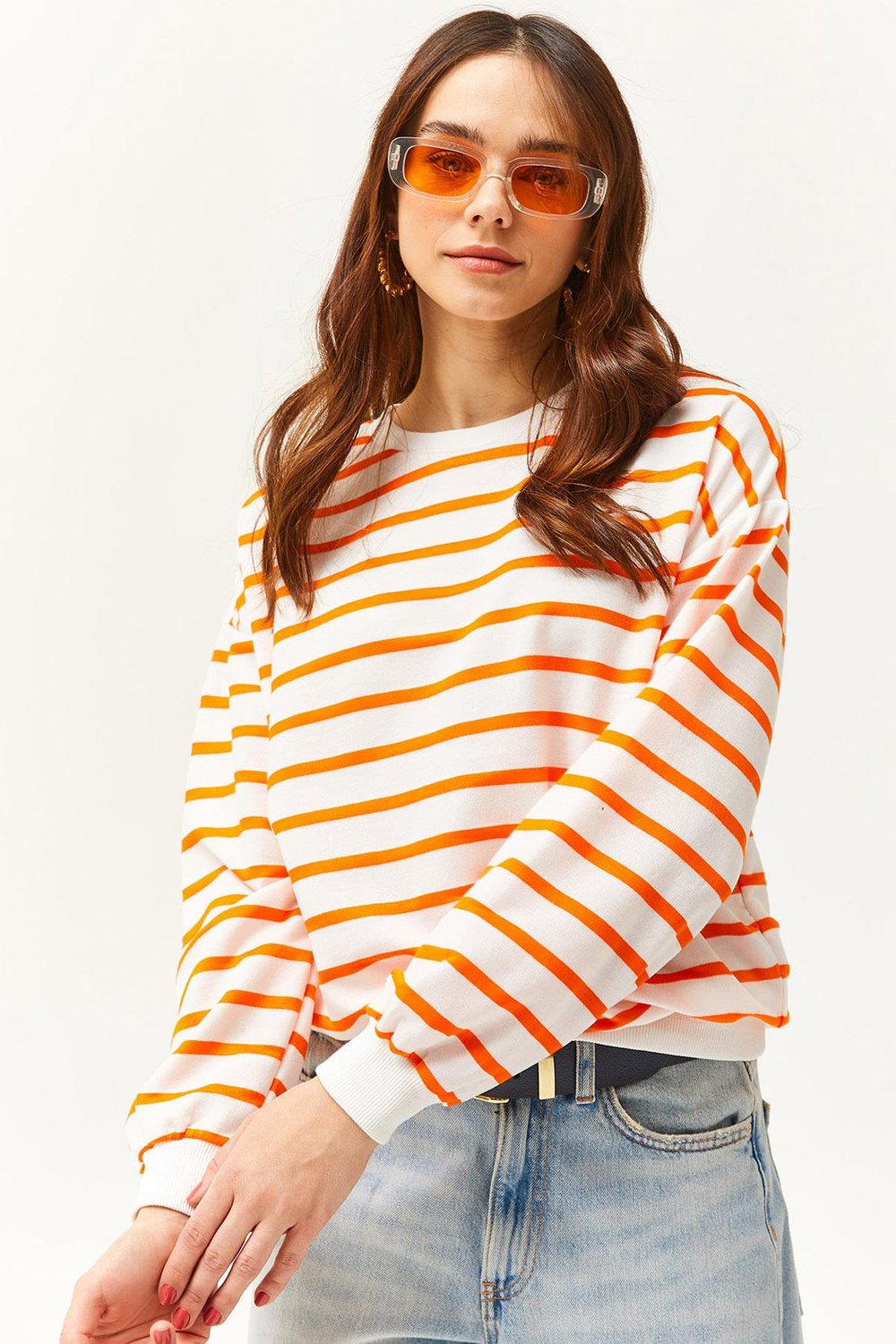 Basic Yumuşak Dokulu Salaş Sweatshirt Beyaz Neon Turuncu
