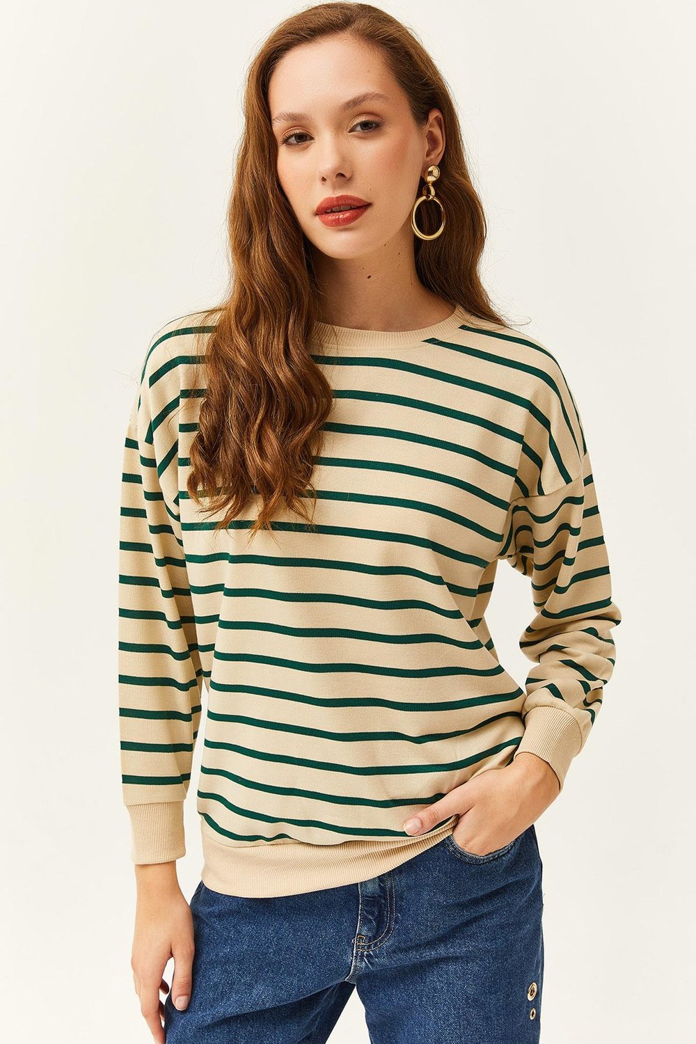 Basic Yumuşak Dokulu Salaş Sweatshirt Taş Yeşil