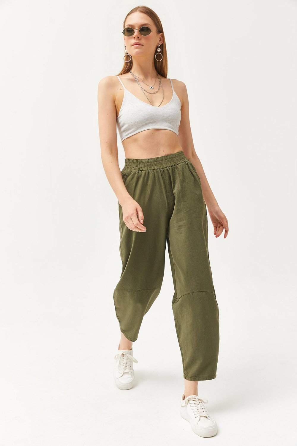 Beli Lastikli Cepli Şalvar Kesim Gabardin Pantolon Haki