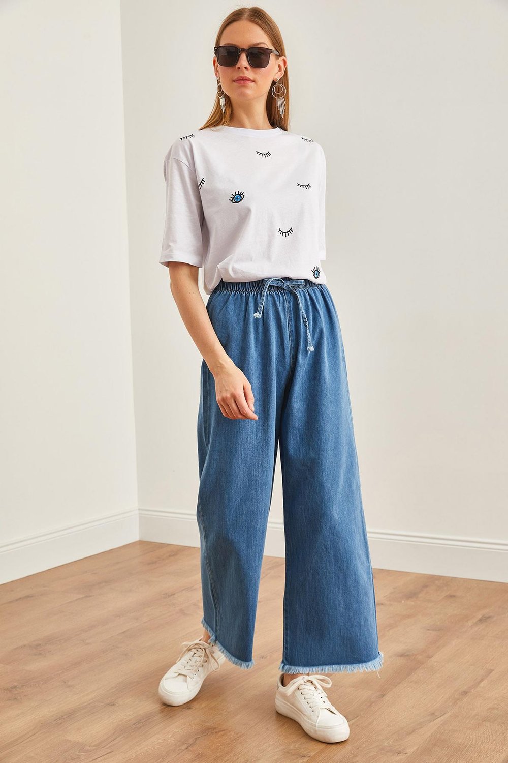 Beli Lastikli Püsküllü Denim Pantolon Mavi
