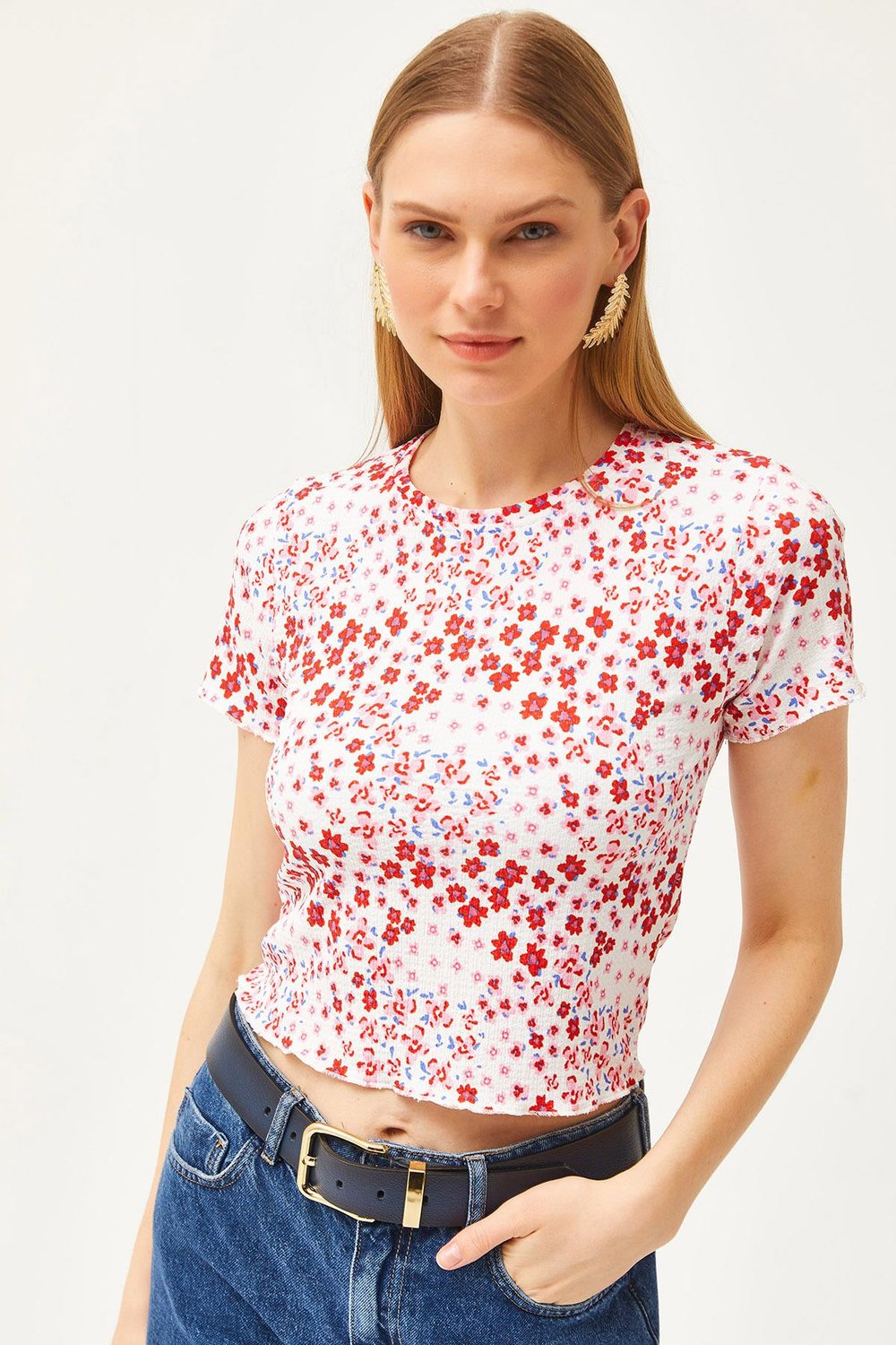 Bisiklet Yaka Bebe Overlok Crop Bluz Çiçek Kırmızı
