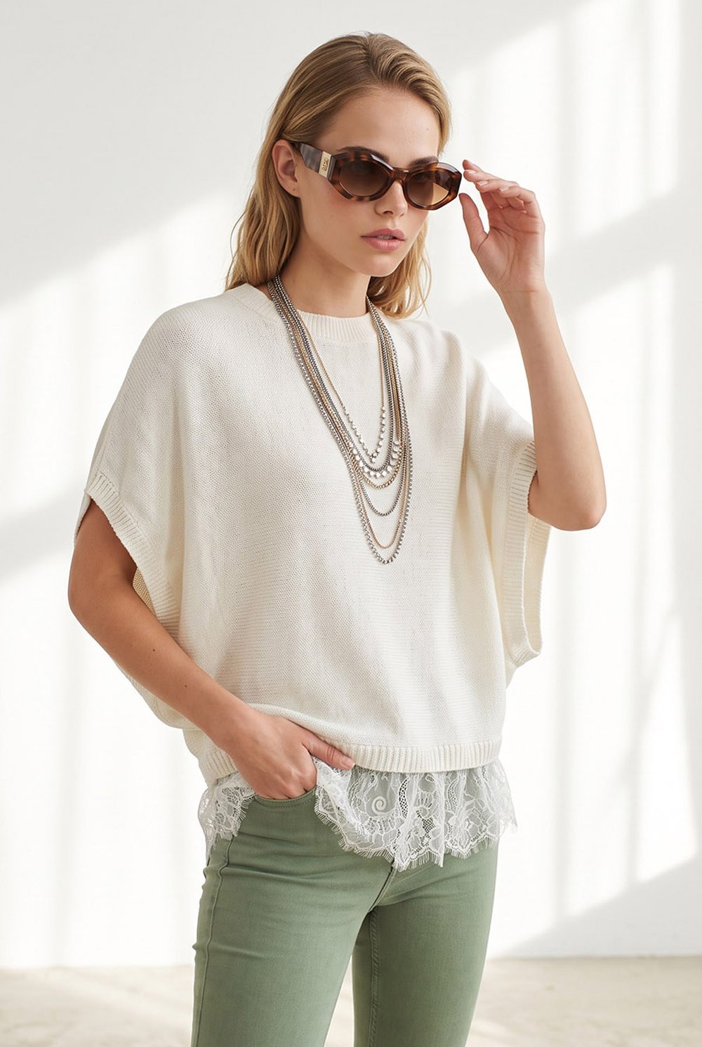 Bisiklet Yaka Dantel Detaylı Loose Fit Triko Bluz Ekru