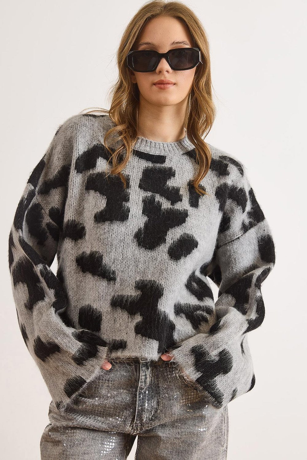 Bisiklet Yaka Leopar Crop Triko Kazak Gri