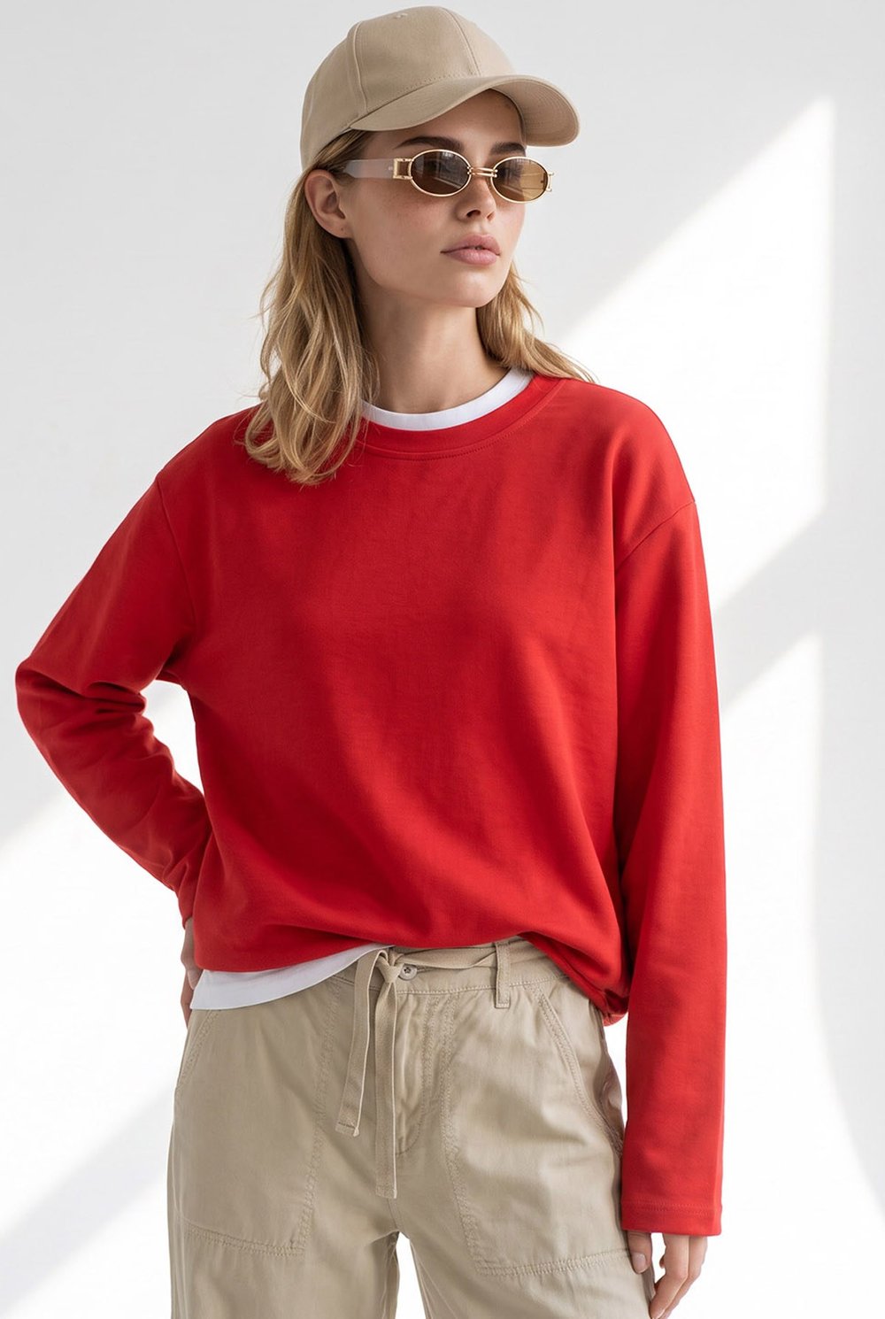 Bisiklet Yaka Modal Tuşeli Dökümlü Basic Sweatshirt Kırmızı