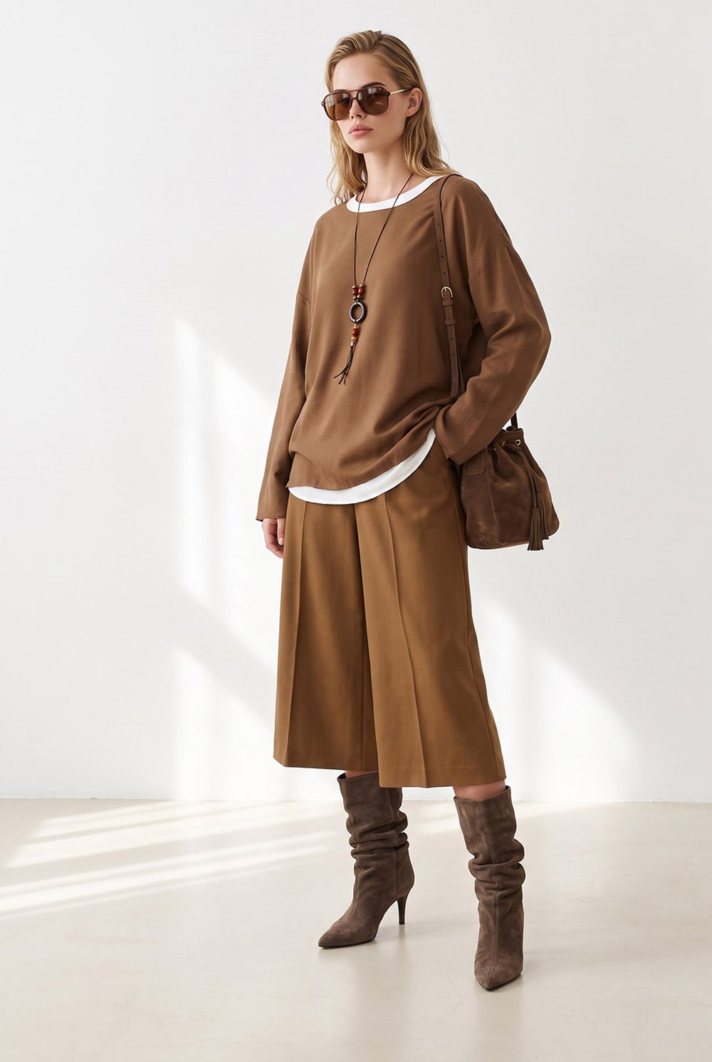 Boho Kolyeli 2 Li Loose Fit Bluz Kahverengi