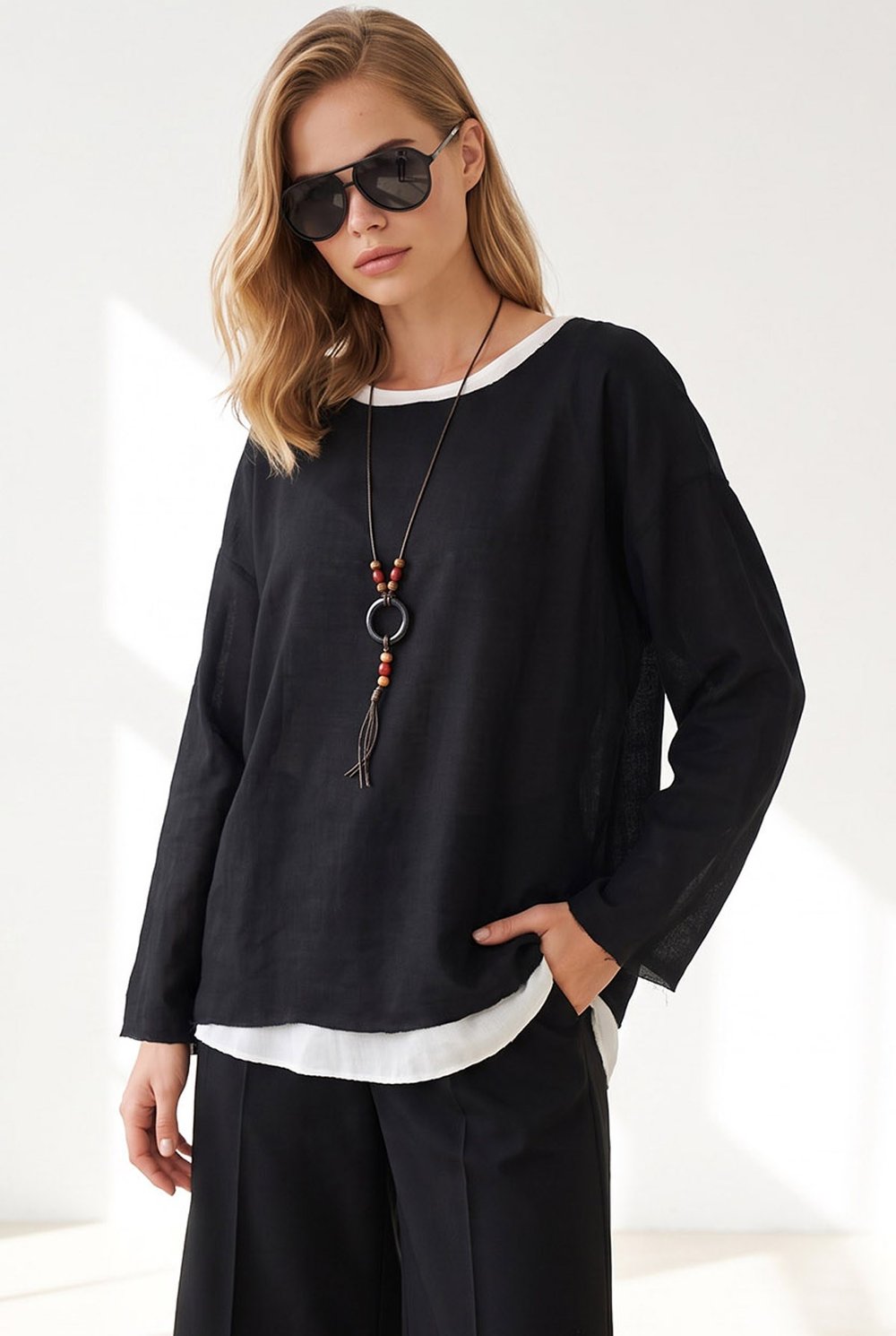 Boho Kolyeli 2 Li Loose Fit Bluz Siyah