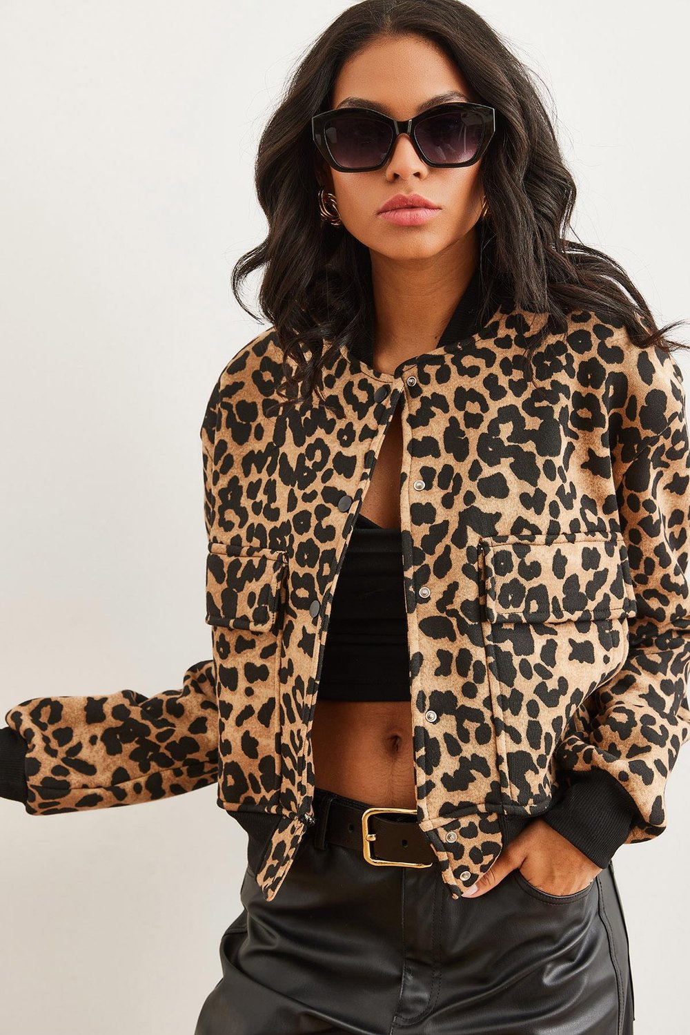 Cepli Çıtçıt Kapama İçi Polarlı Crop Ceket Leopar Camel