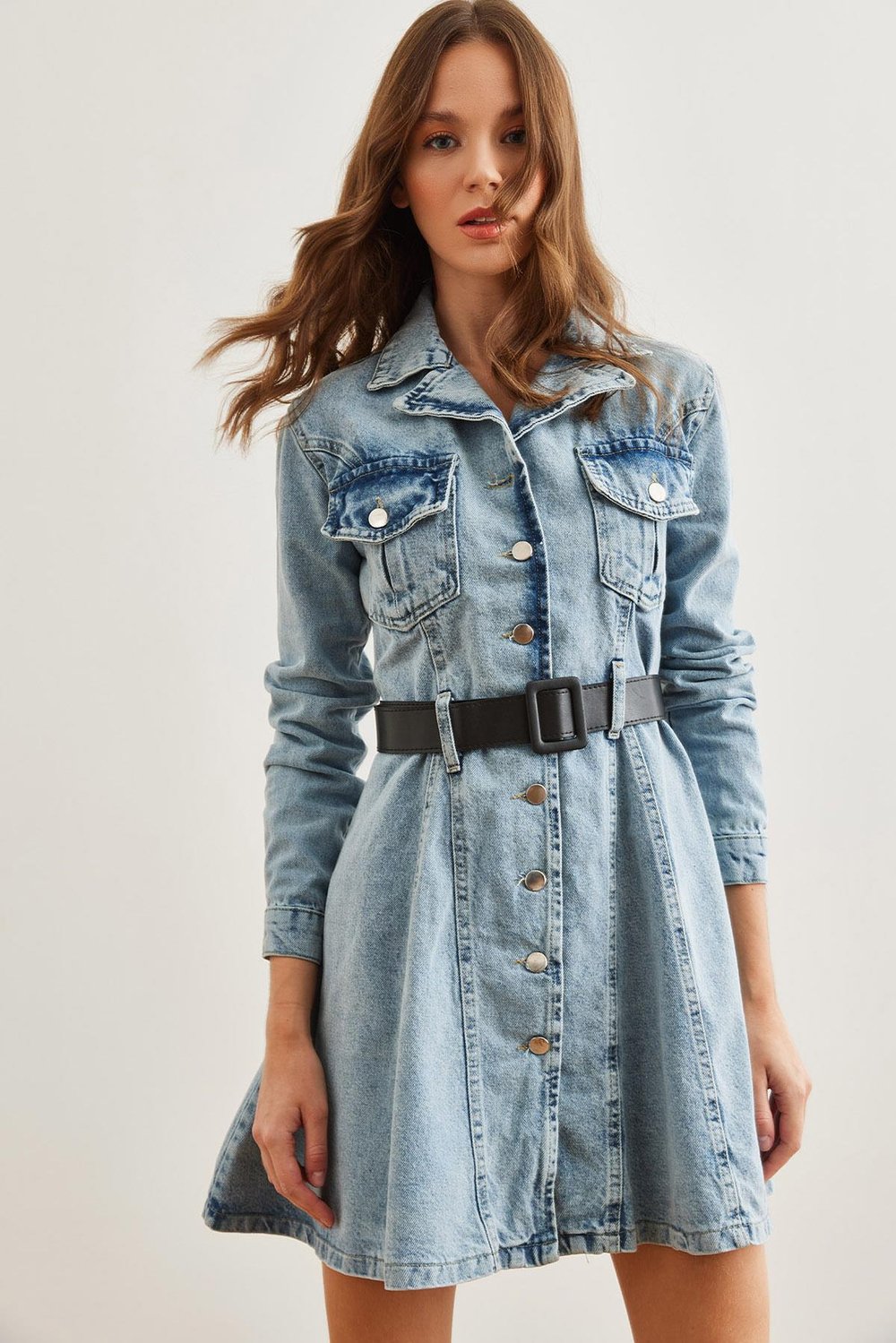 Cepli Kemerli  Kalın Denim Elbise Mavi