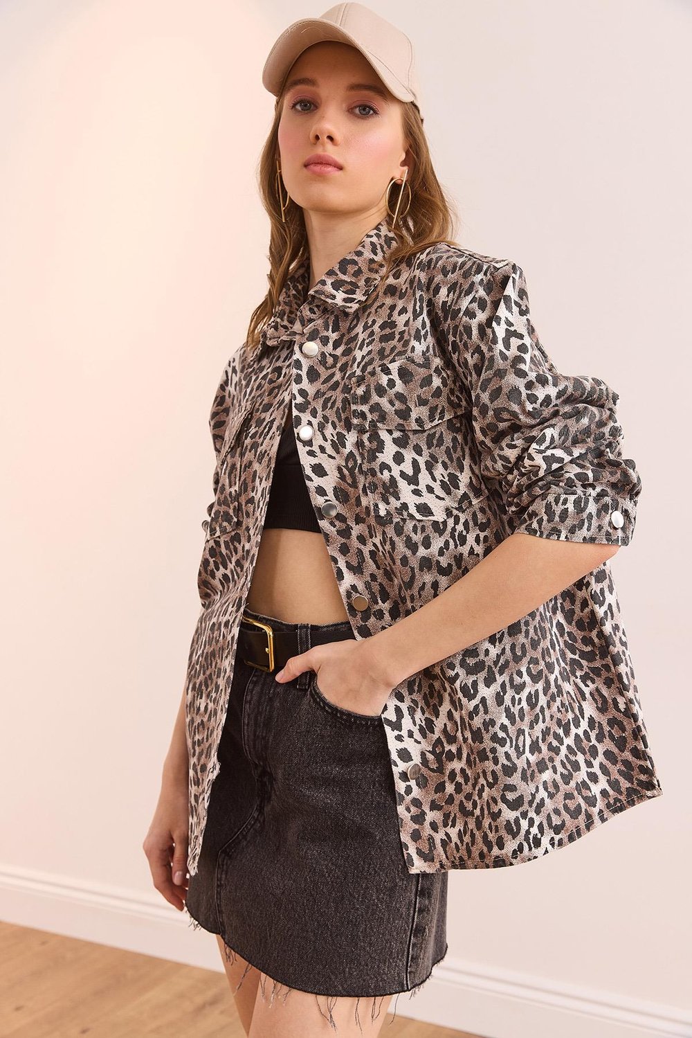 Cepli Leopar Oversize Gabardin Gömlek Taş