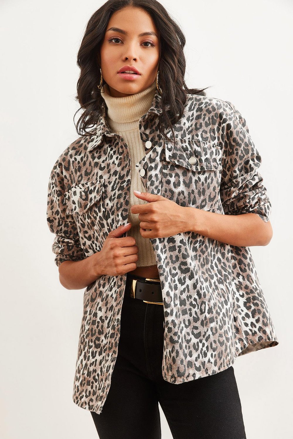 Cepli Leopar Oversize Gabardin Gömlek Ekru Leopar