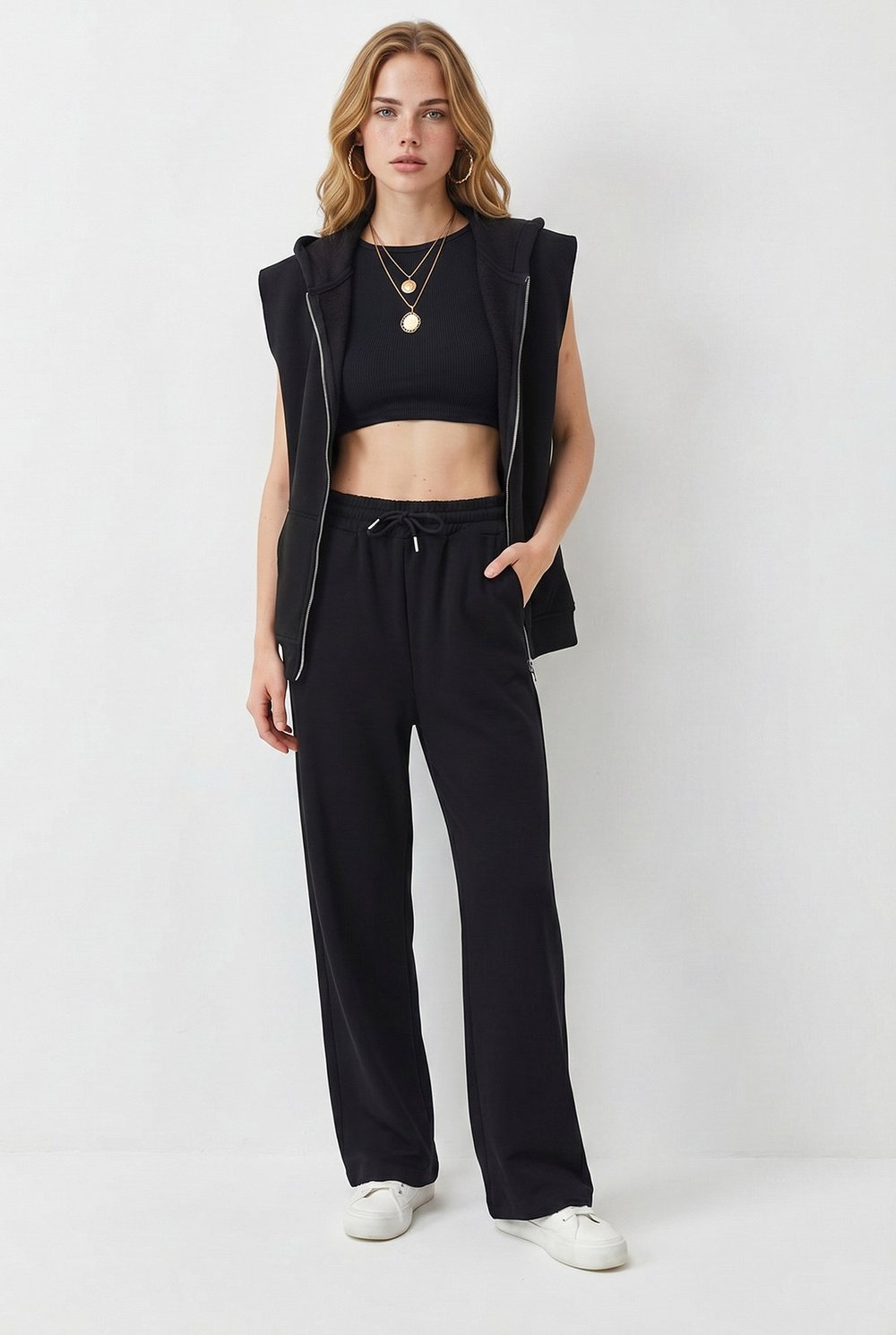Cepli Modal Wide Leg Eşofman Altı Siyah