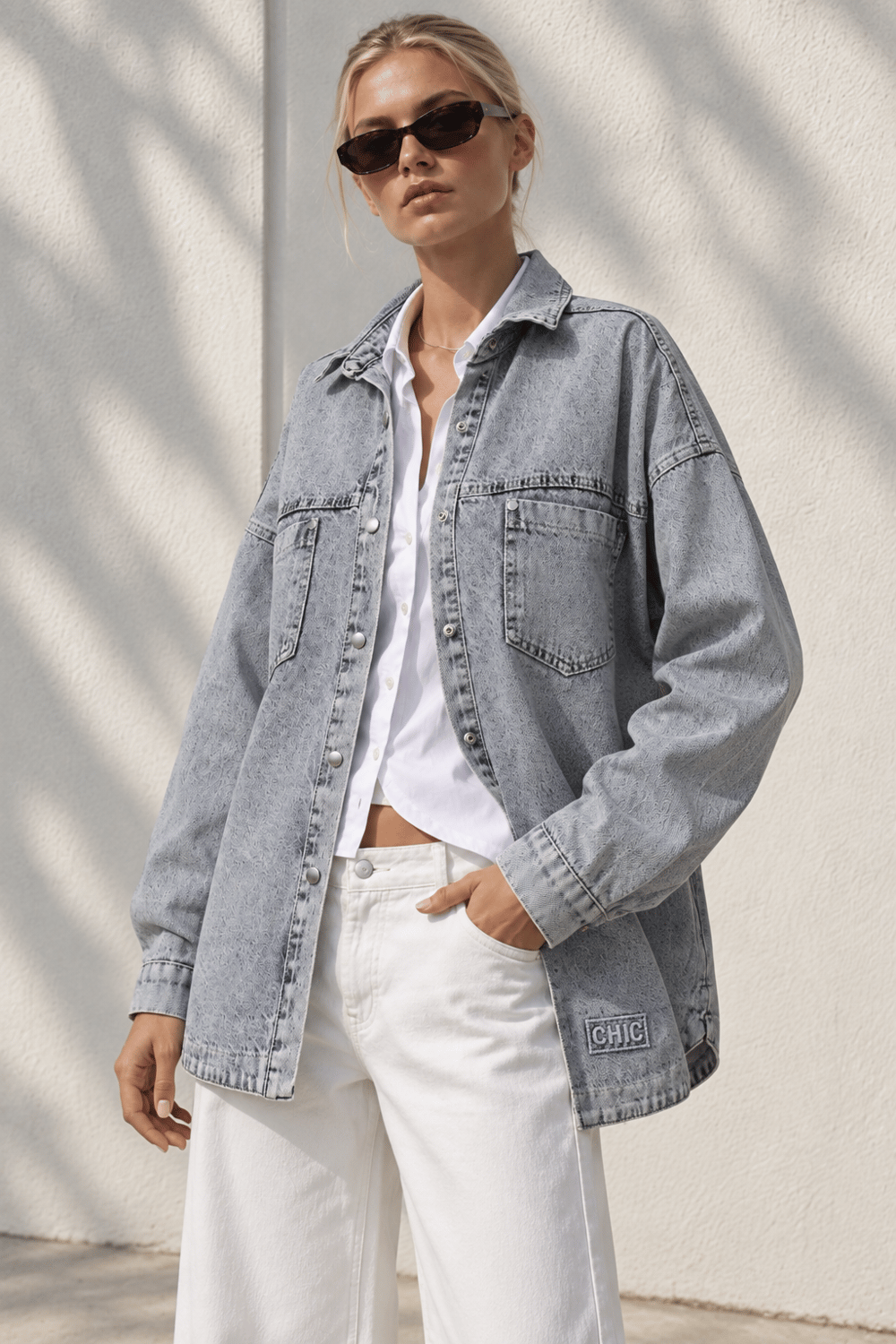 Chic Nakışlı Cepli Balıksırtı Gabardin Gömlek Ceket Mavi Denim