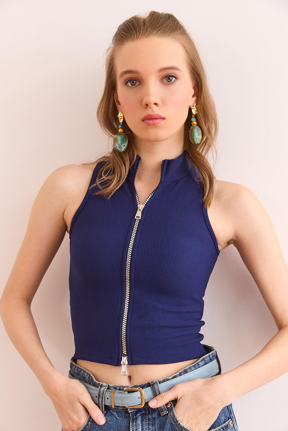 Çift Taraflı Fermuarlı Fitilli Crop Bluz Lacivert