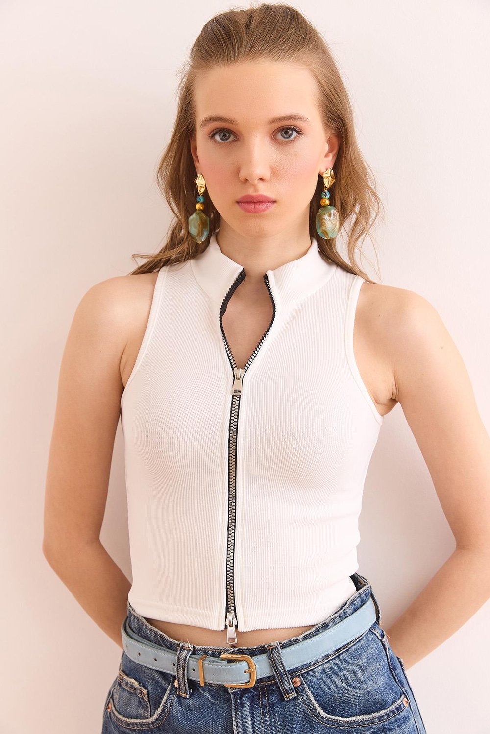 Çift Taraflı Fermuarlı Fitilli Crop Bluz Ekru