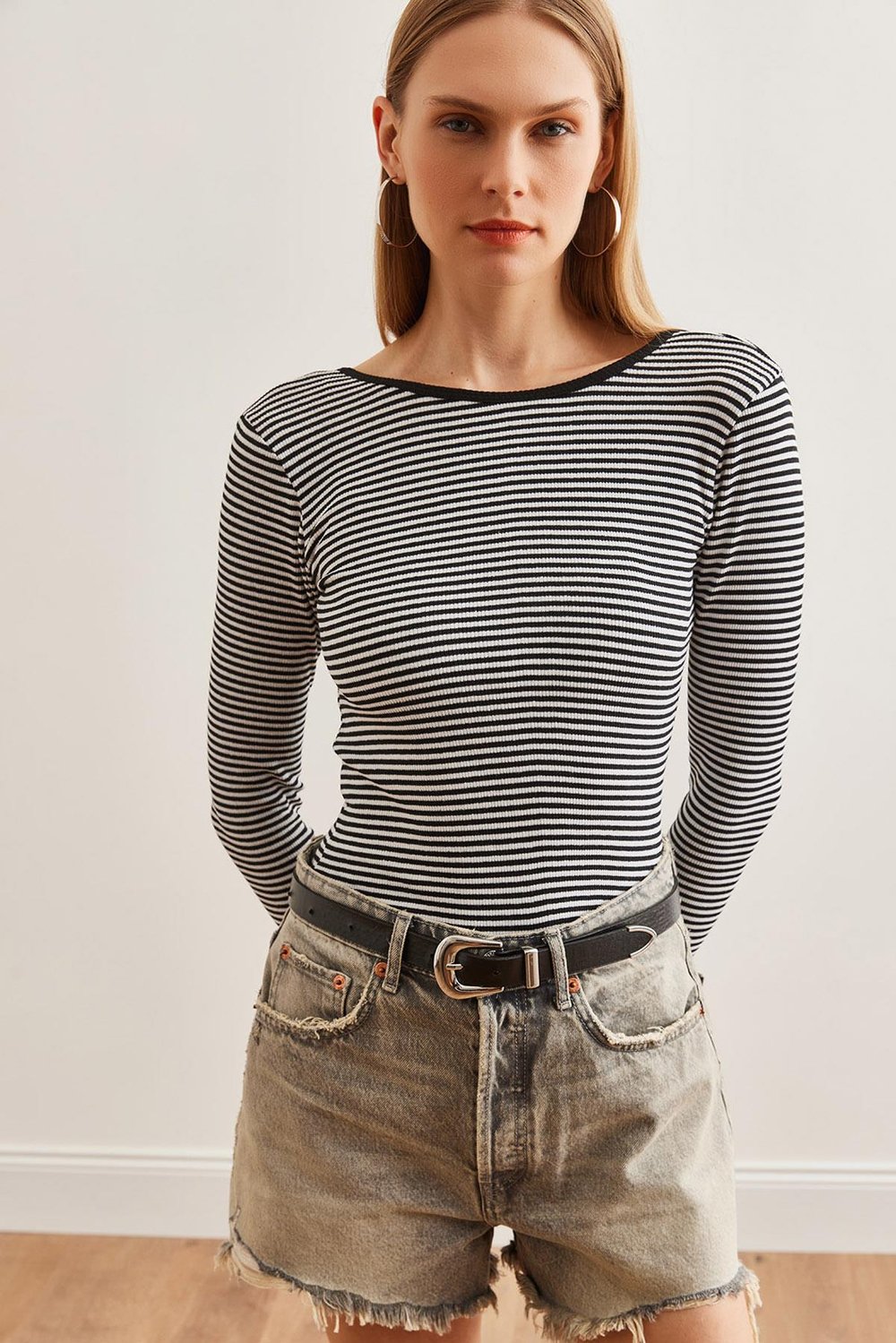 Çift Taraflı Giyilebilen Esnek Bluz Çizgili Siyah