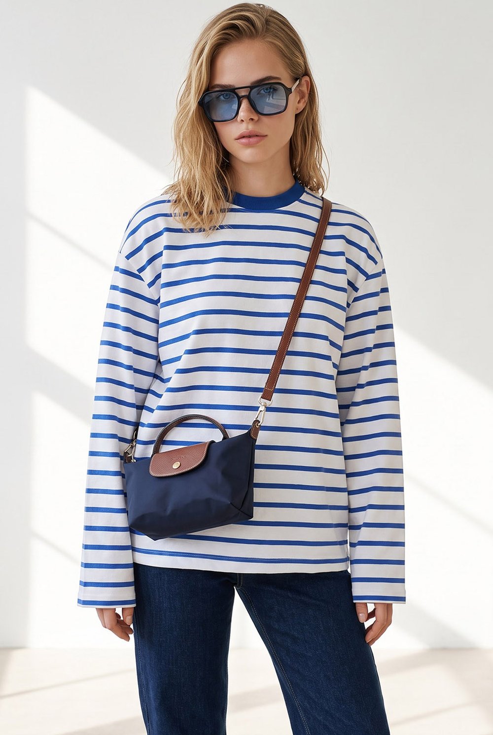 Çizgili İspanyol Kol İnce Sweatshirt Saks Mavi Beyaz