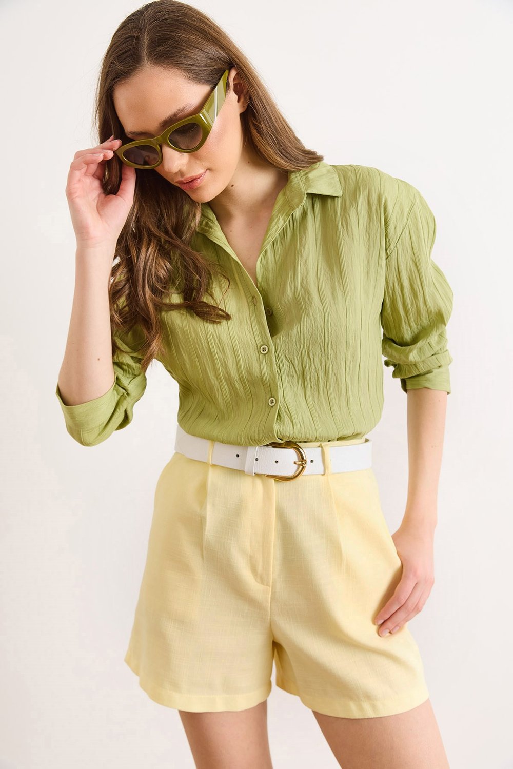 Dokulu Hafif Transparan Loose Fit Gömlek Yeşil