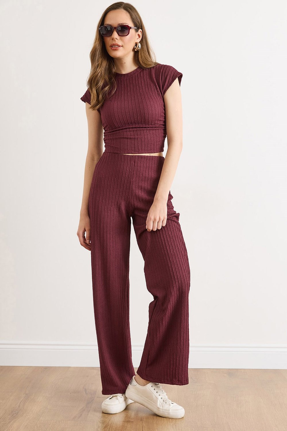 Drape Detaylı Bluz Pantolon Takım Mürdüm