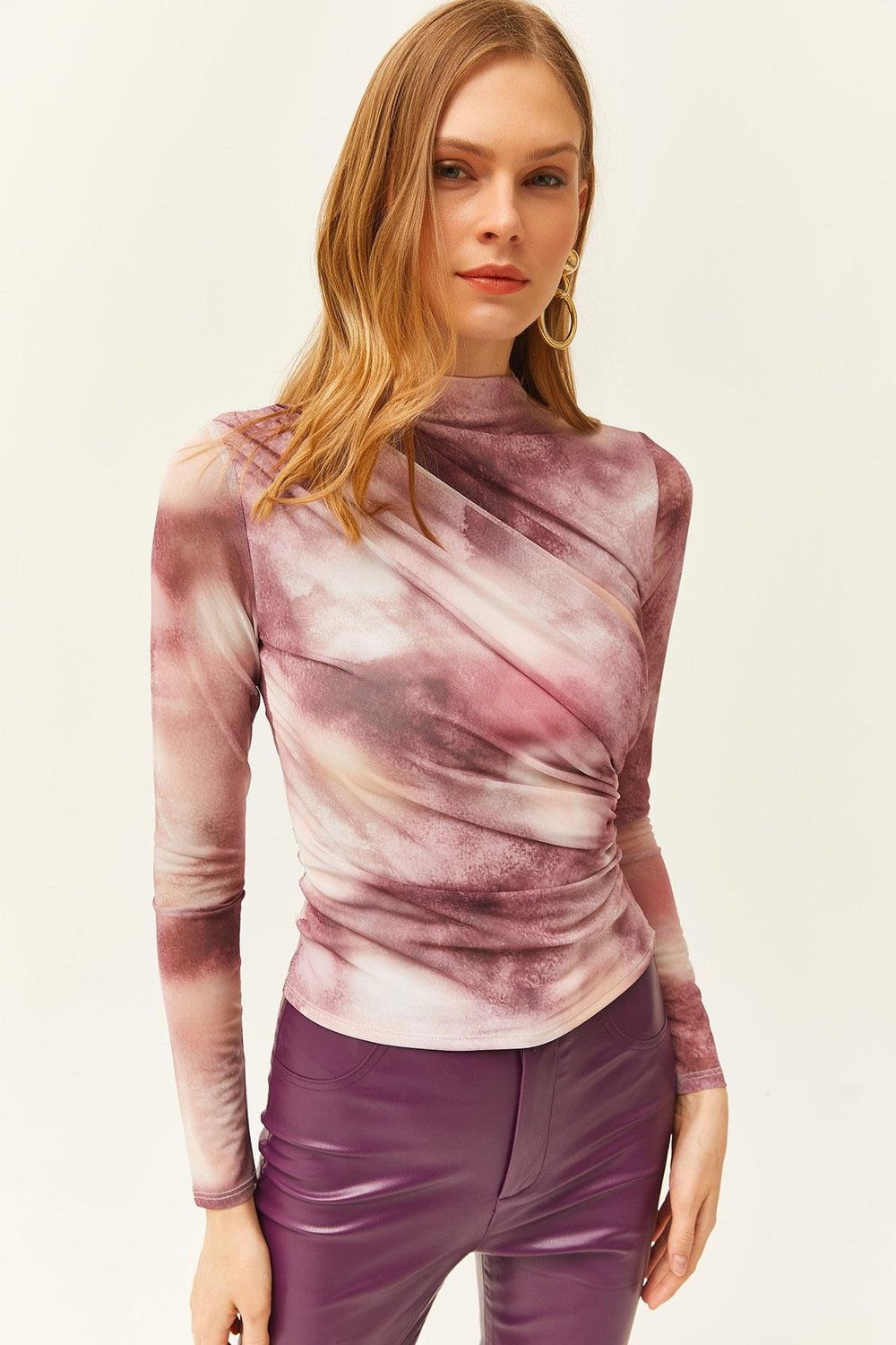 Drape Detaylı Önü Astarlı Tül Bluz Gül Kurusu
