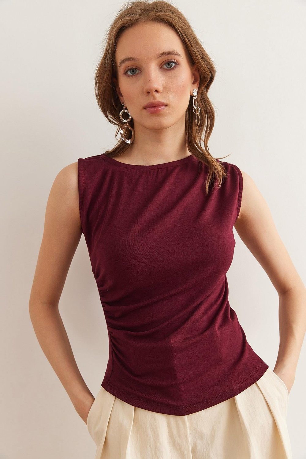 Drape Detaylı Soft Touch Esnek Viskon Bluz Bordo
