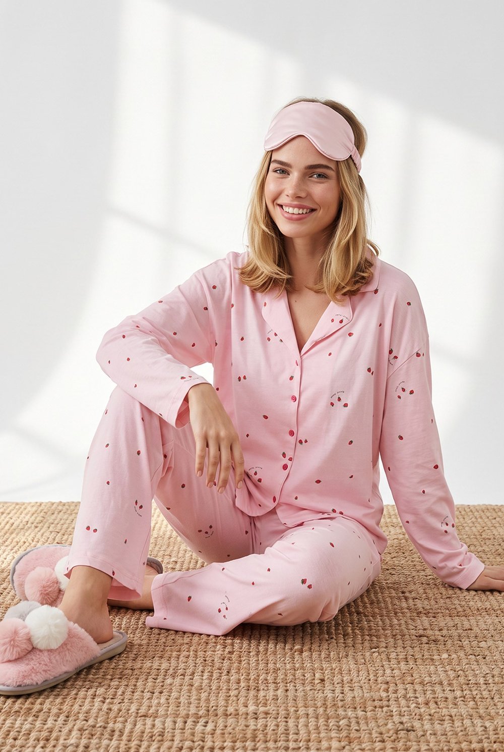 Düğmeli Uzun Kollu %100 Pamuk Pijama Takımı Çilek Pembe
