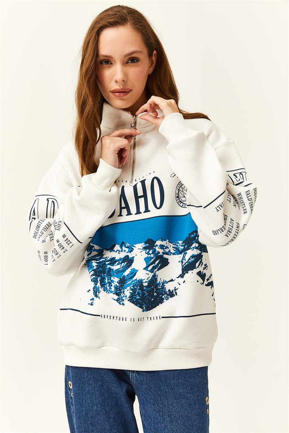 Fermuarlı Dik Yaka Şardonlu Oversize Sweatshirt Ekru