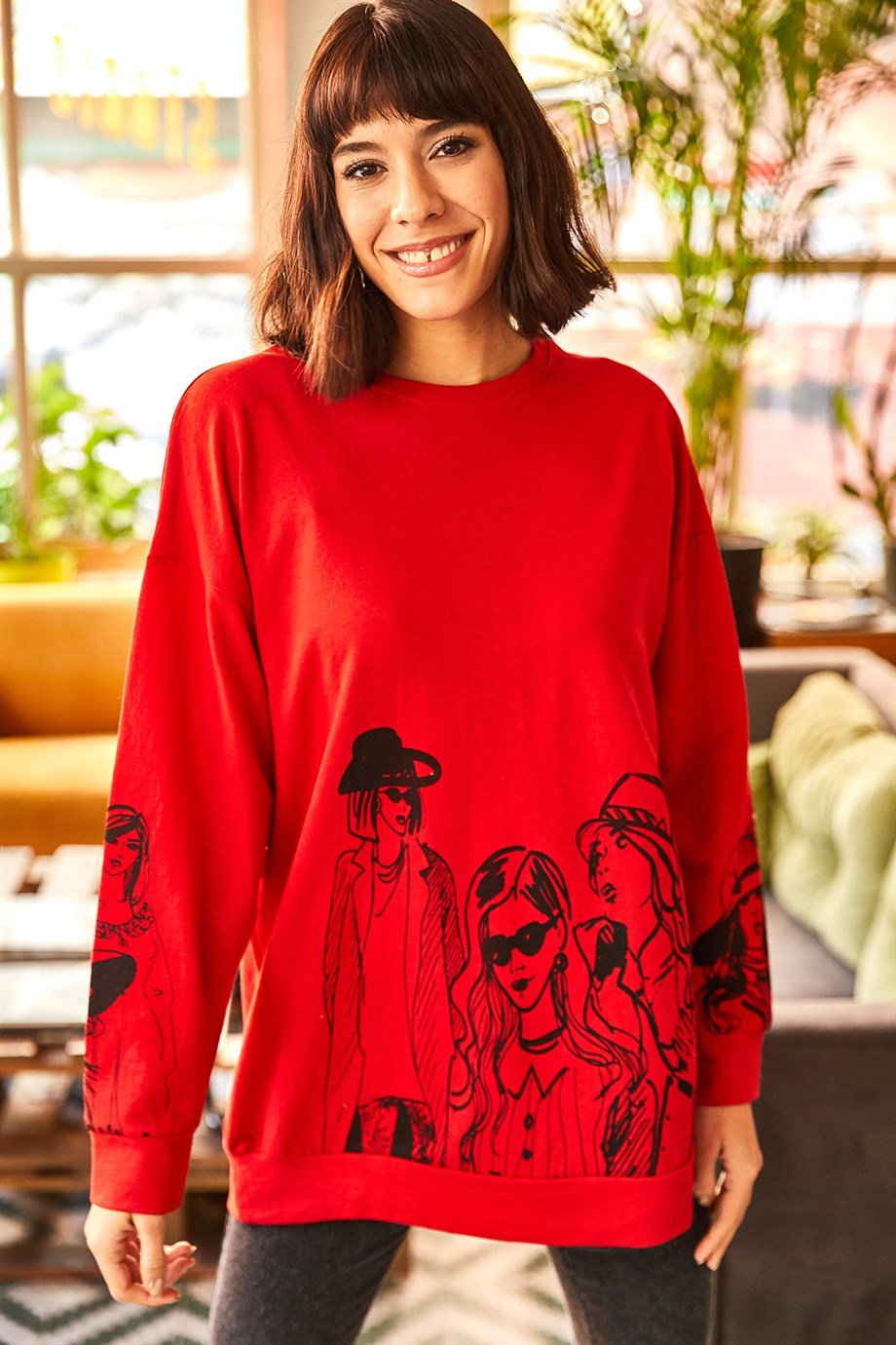Figürlü Oversize Sweatshirt Bordo
