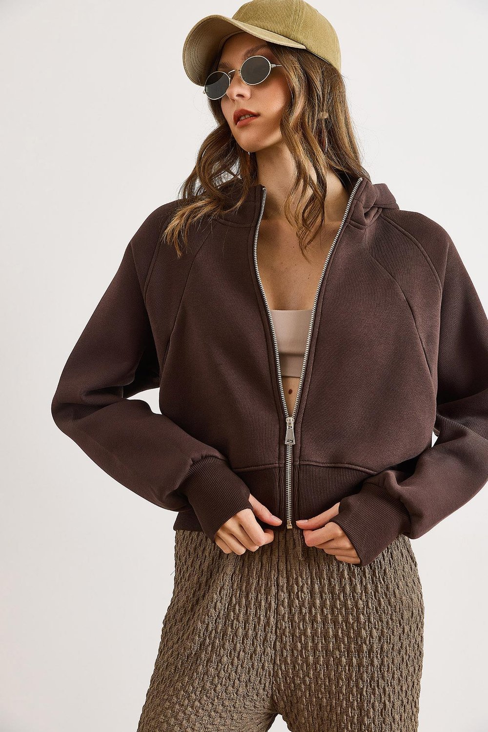 Gizli Cepli Dikiş Detaylı Şardonlu Oversize Sweatshirt Acı Kahve