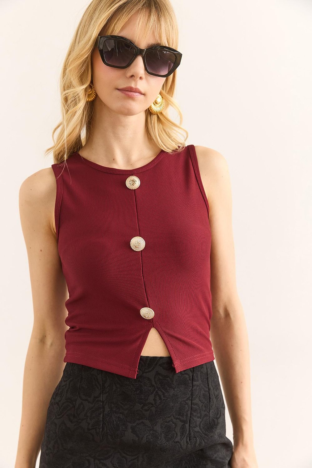 Gold Düğmeli Fitilli Crop Bluz Bordo