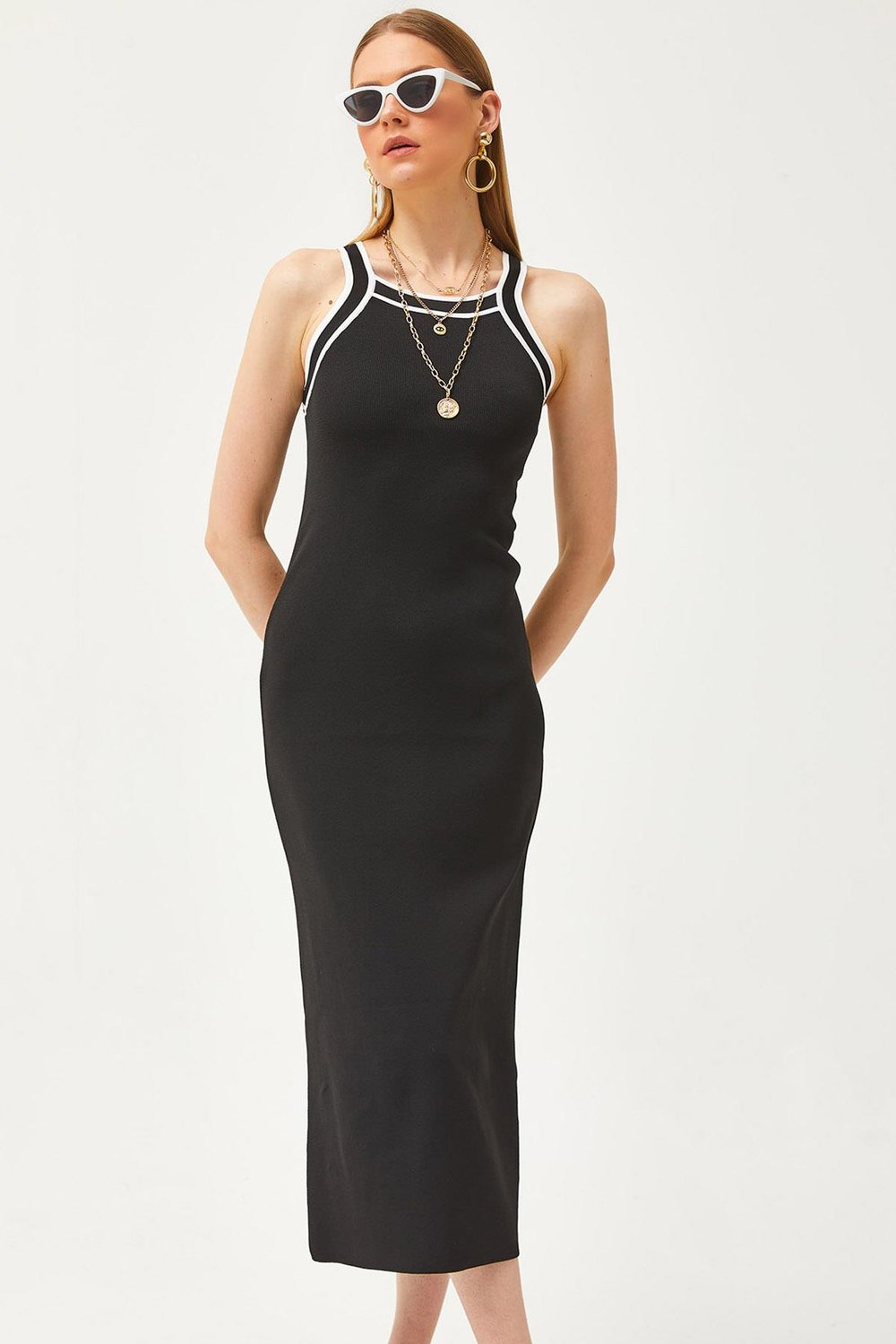 Halter Yaka Maxi Triko Elbise Siyah