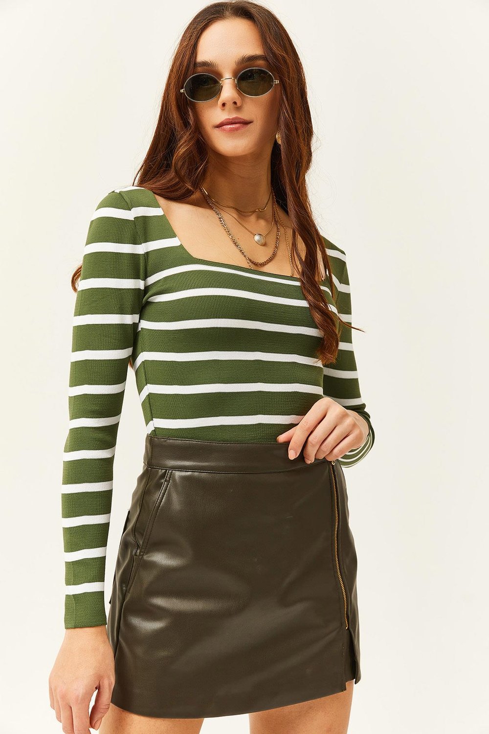 Kare Yaka Crop Basic Triko Bluz Çizgili Haki