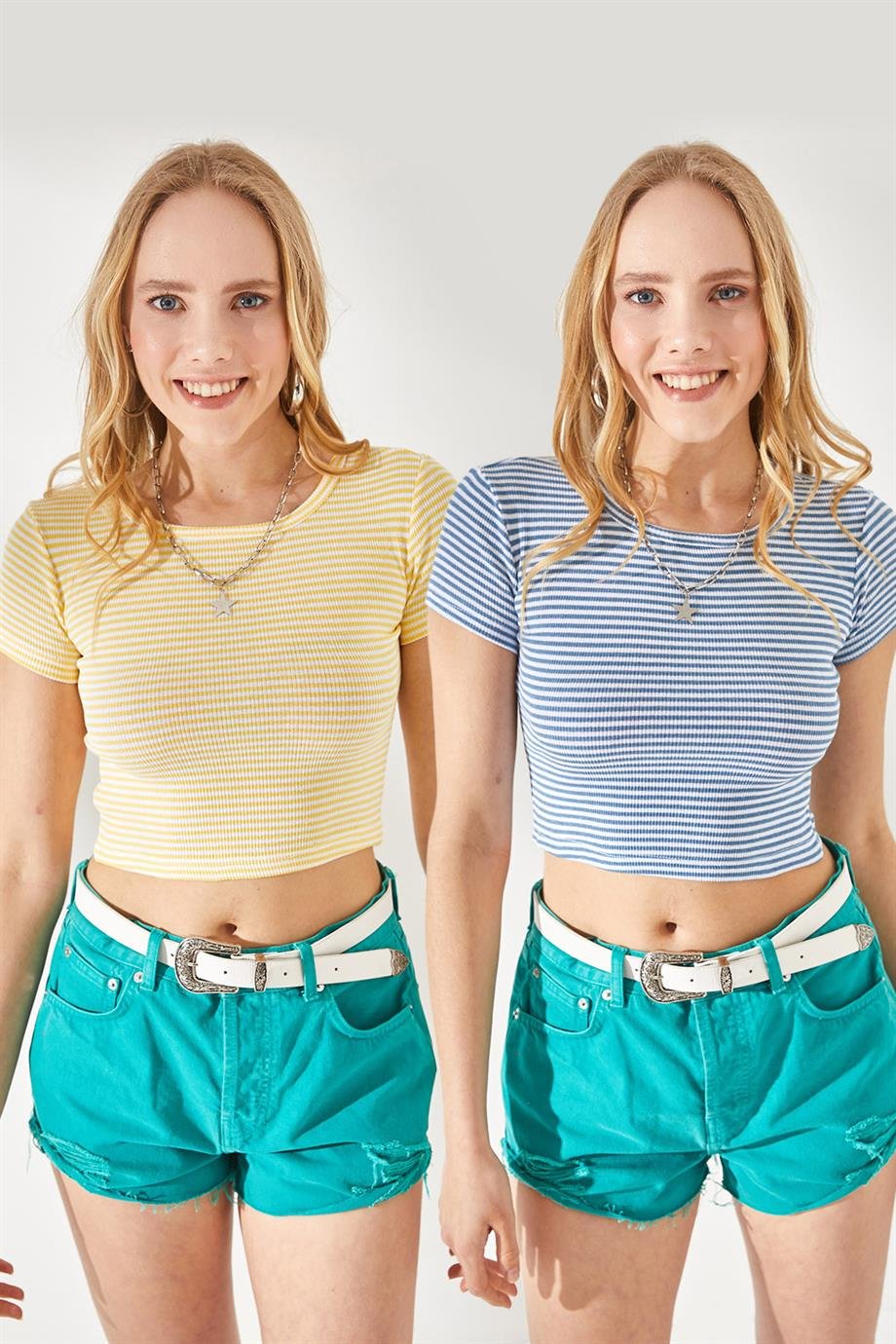 Kısa Kollu 2'li Likralı Örme Crop Bluz Çizgili Sarı-İndigo