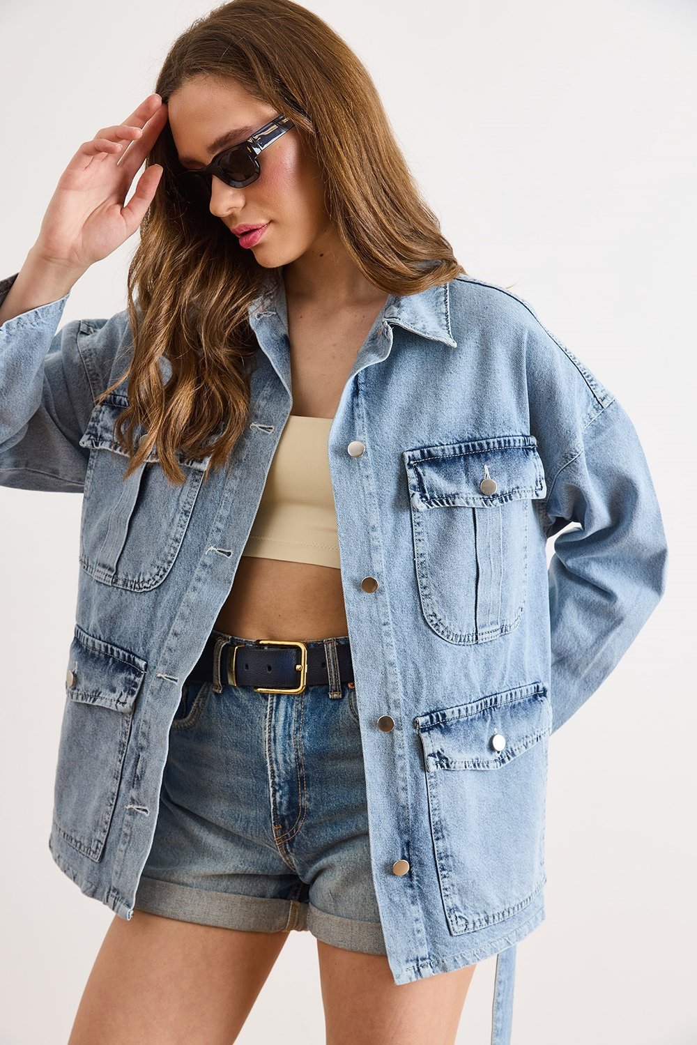 Kuşaklı 4 Cepli Denim Ceket Açık Mavi