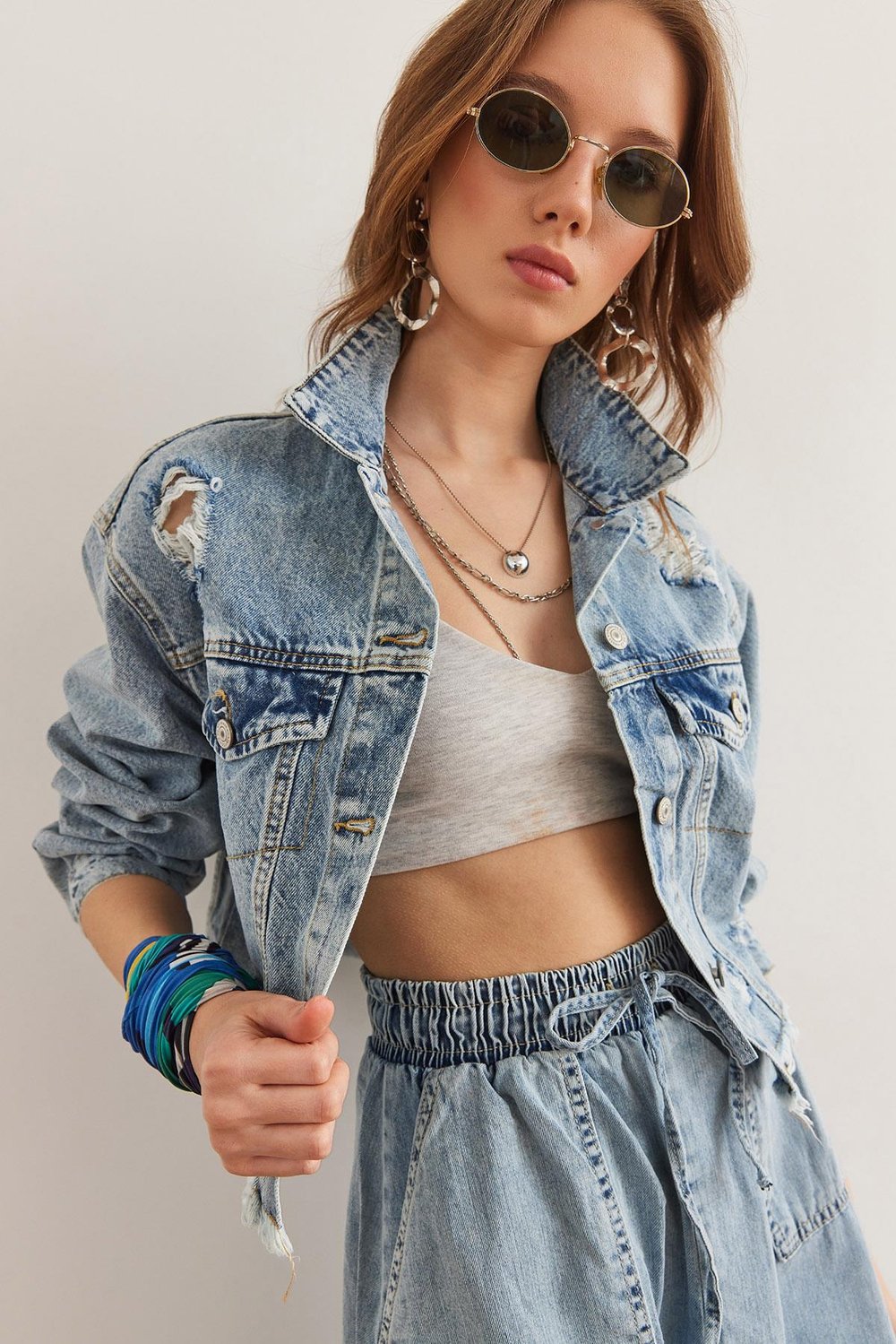 Lazer Yırtıklı Denim Ceket Mavi