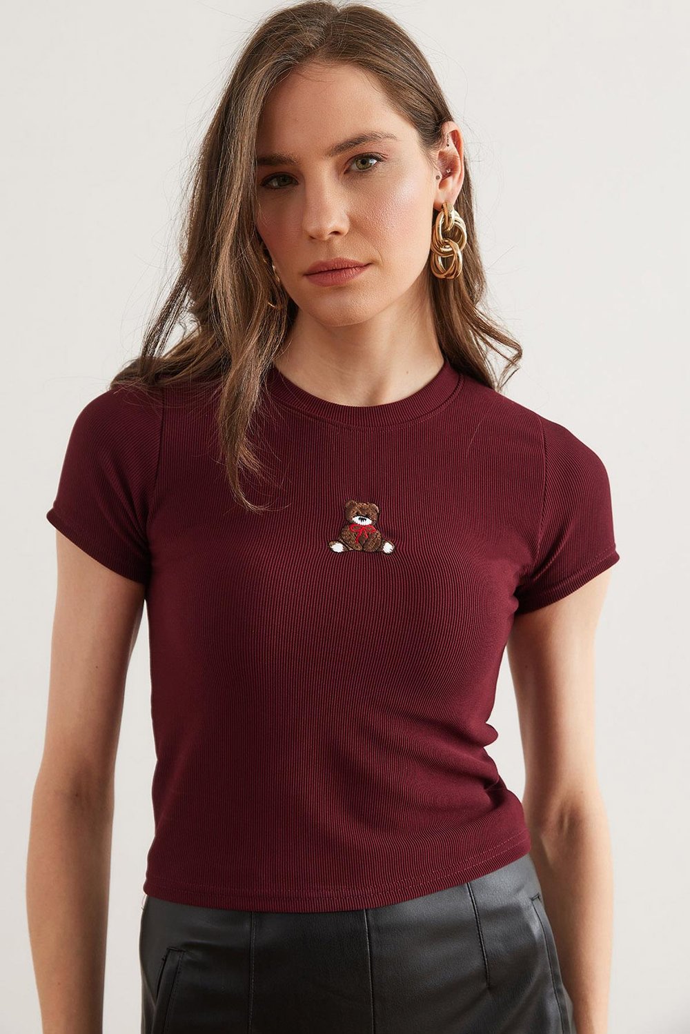 Nakışlı Fitilli Crop Esnek Bluz Bordo