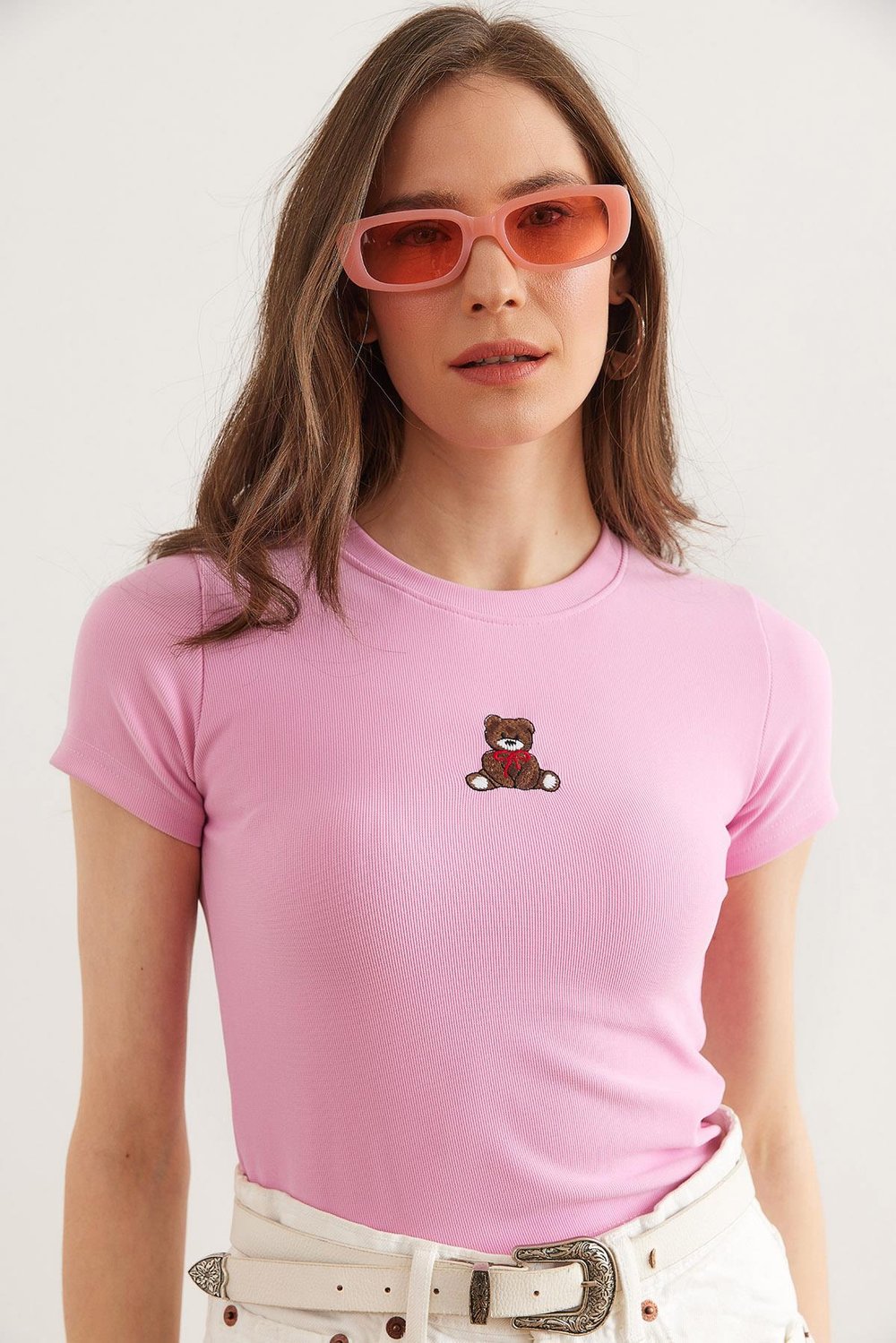 Nakışlı Fitilli Crop Esnek Bluz Şeker Pembe