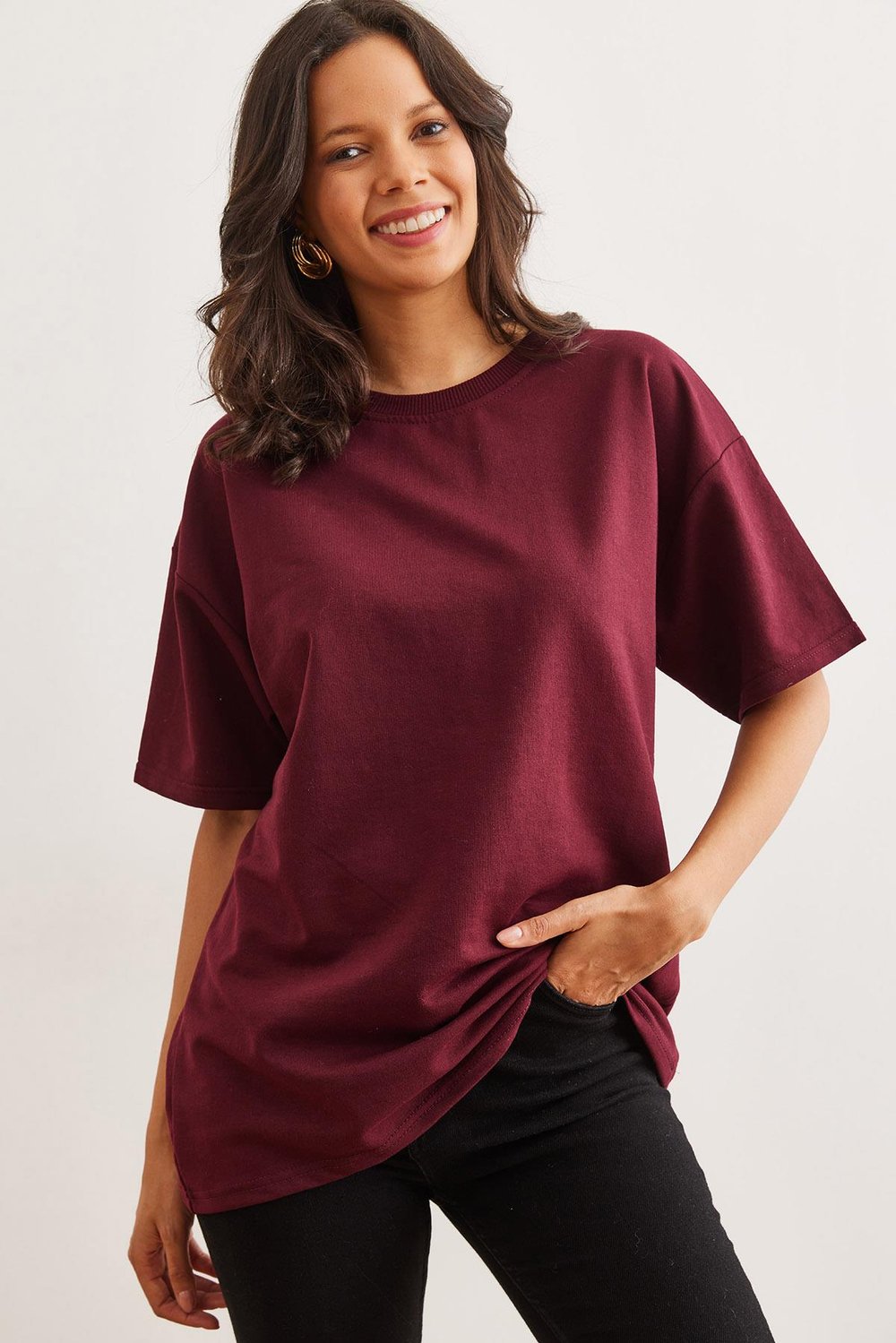 Ön Arka Baskılı 2 iplik Unisex Oversize Tişört Bordo