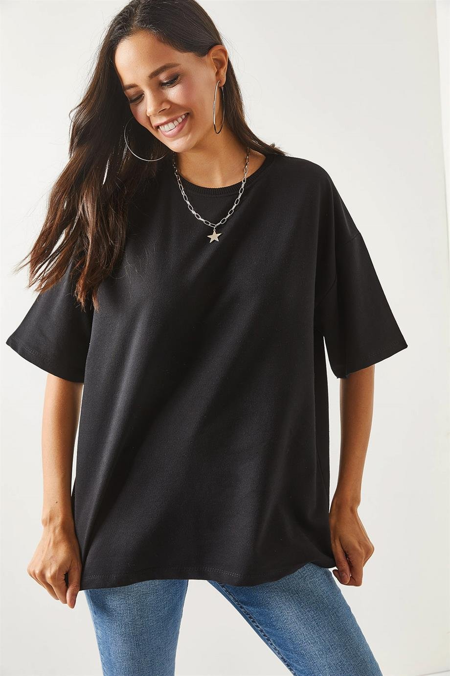 Ön Arka Baskılı 2 iplik Unisex Oversize Tişört Düz Siyah