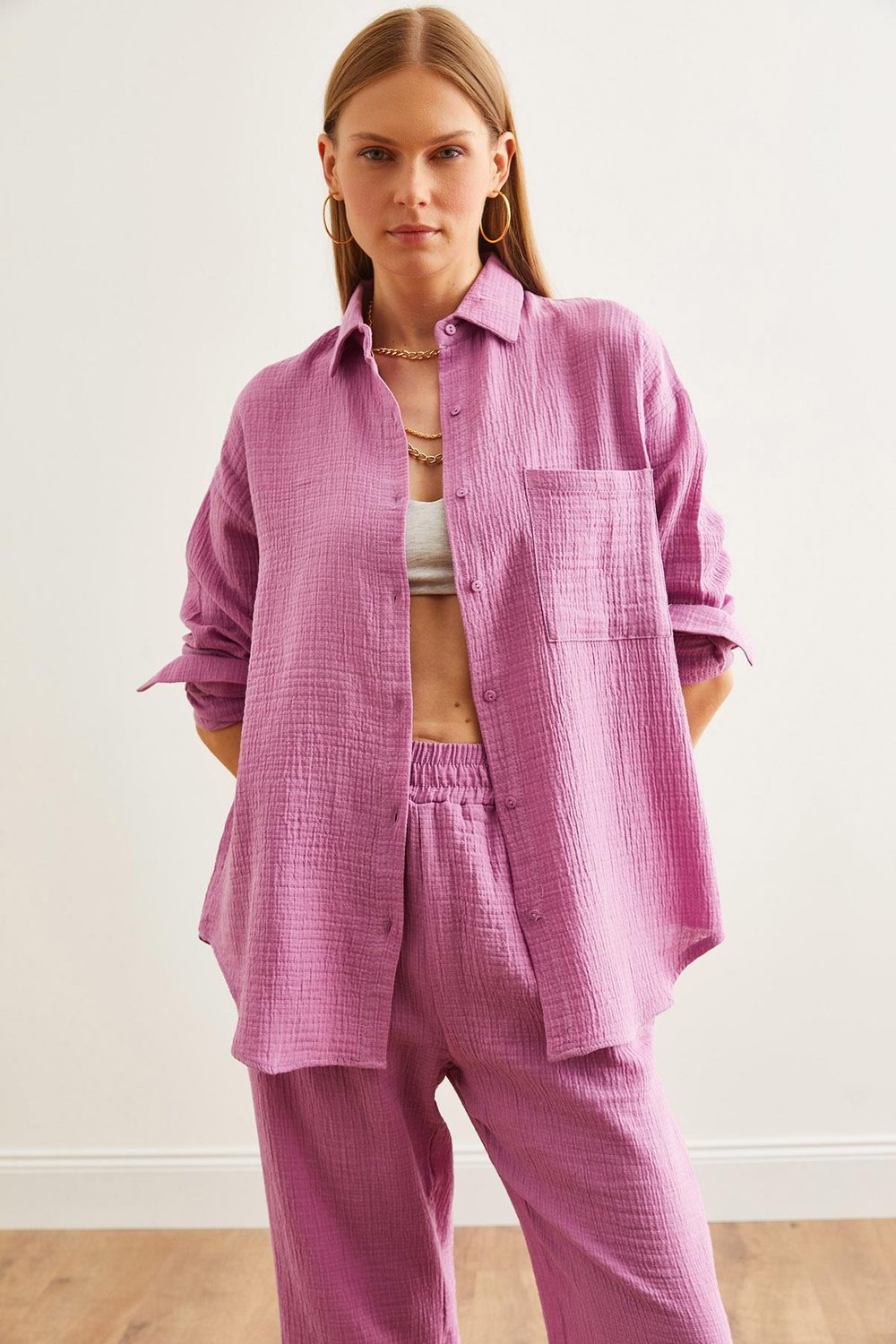Oversize Basic Müslin Gömlek Mor