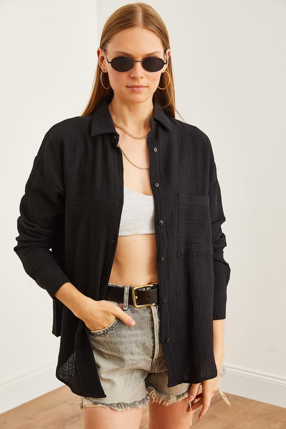 Oversize Basic Müslin Gömlek Siyah