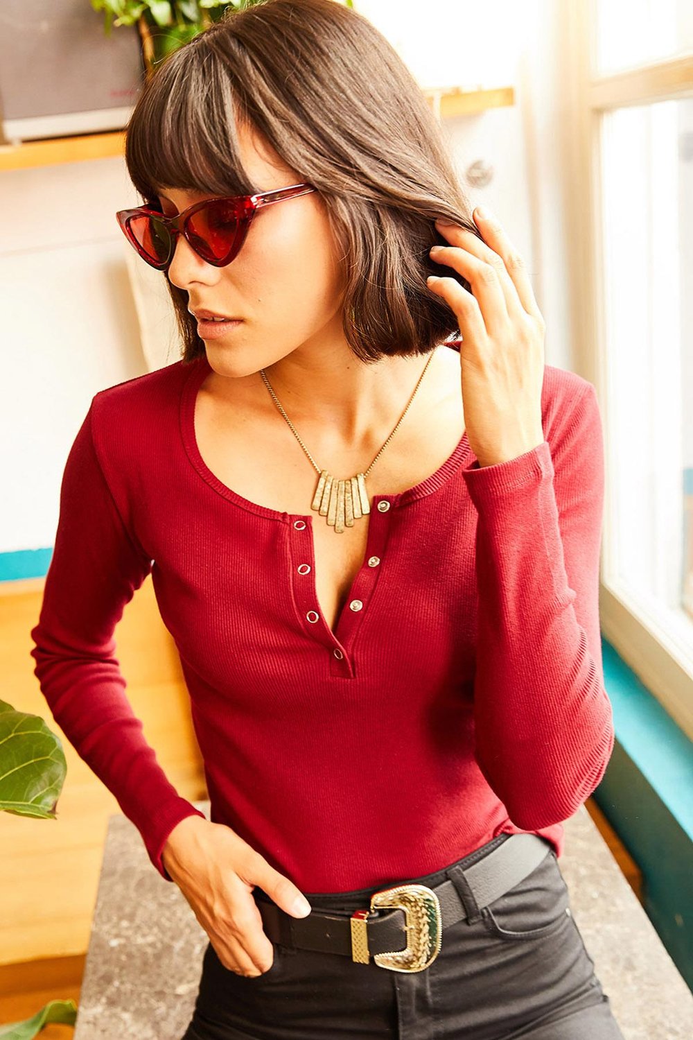 Patlı Kaşkorse Bluz Bordo